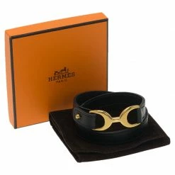 Hermes Baby Pavene Black Chamonix Calfskin Leather Gold-Plated Bracelet For Women 17 Hermes Baby Pavene Black Chamonix Calfskin Leather Gold-Plated Bracelet For Women -Deals Hermes Store luxury women hermes used accessories p45779 008
