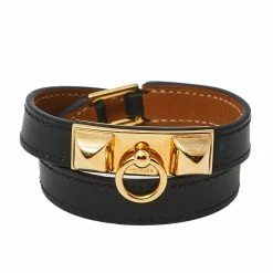 Hermes Hermès Black Leather Rivale Double Tour Bracelet S For Women