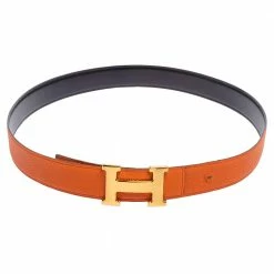 Hermes Orange/Noir Epsom And Box Leather Constance Reversible Belt 100 CM For Women