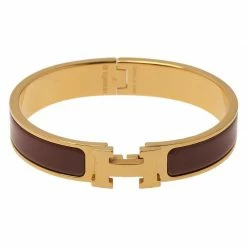 Hermes Clic Clac H Narrow Brown Enamel Gold-Plated Bracelet For Women