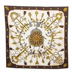 Hermes Brown Key Print Silk Twill Square Scarf For Women