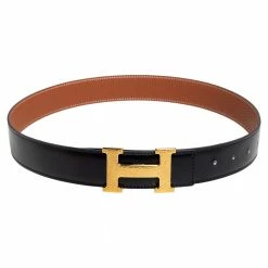 Hermes Noir/Gold Box And Togo Leather Hammered Finish H Buckle Reversible Belt 80 CM For Women