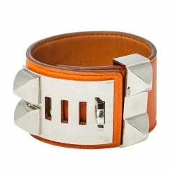 Hermes Hermès Orange Leather Collier De Chien Cuff Bracelet S For Women -Deals Hermes Store luxury women hermes used accessories p470173 002