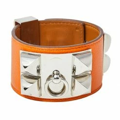 Hermes Hermès Orange Leather Collier De Chien Cuff Bracelet S For Women