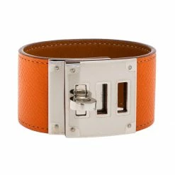 Hermes Kelly Dog Orange Epsom Leather Palladium Plated Wide Bracelet For Women