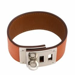 Hermes Kelly Dog Orange Epsom Leather Palladium Plated Wide Bracelet For Women -Deals Hermes Store luxury women hermes used accessories p470446 002