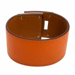 Hermes Kelly Dog Orange Epsom Leather Palladium Plated Wide Bracelet For Women -Deals Hermes Store luxury women hermes used accessories p470446 004