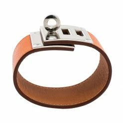 Hermes Kelly Dog Orange Epsom Leather Palladium Plated Wide Bracelet For Women -Deals Hermes Store luxury women hermes used accessories p470446 005