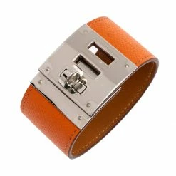 Hermes Kelly Dog Orange Epsom Leather Palladium Plated Wide Bracelet For Women -Deals Hermes Store luxury women hermes used accessories p470446 007