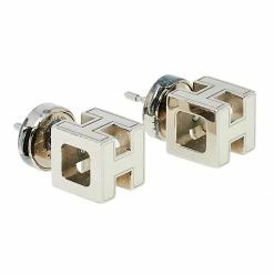 Hermes Cage D'H White Lacquer Palladium Plated Earrings For Women -Deals Hermes Store luxury women hermes used accessories p470451 003