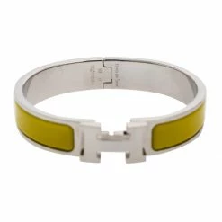 Hermes Hermès Clic H Lime Yellow Enamel Palladium Plated Narrow Bracelet PM For Women