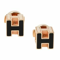 Hermes Cage D'H Black Lacquer Rose Gold Plated Stud Earrings For Women 9 Hermes Cage D'H Black Lacquer Rose Gold Plated Stud Earrings For Women -Deals Hermes Store luxury women hermes used accessories p470523 001