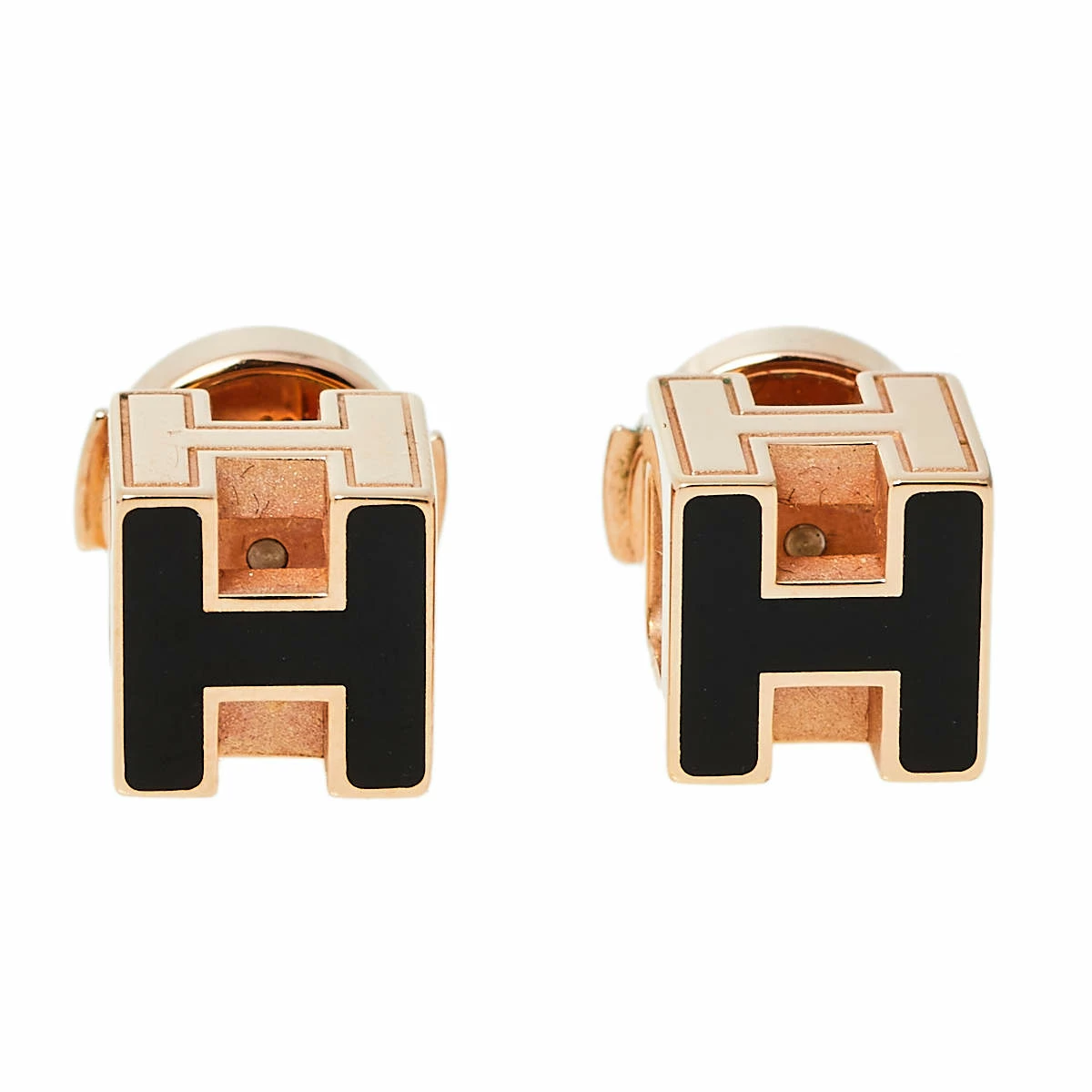 Hermes Cage D'H Black Lacquer Rose Gold Plated Stud Earrings For Women 3 Hermes Cage D'H Black Lacquer Rose Gold Plated Stud Earrings For Women