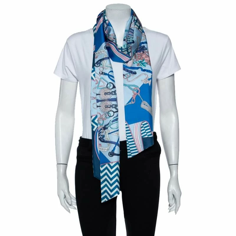 Hermes Blue Bouquets Sellier Printed Silk Maxi Twilly For Women 4 Hermes Blue Bouquets Sellier Printed Silk Maxi Twilly For Women - Image 2