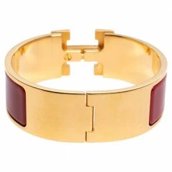 Hermes Hermès Clic Clac H Red Enamel Gold Plated Wide Bracelet PM For Women -Deals Hermes Store luxury women hermes used accessories p474334 010