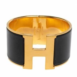 Hermes Hermès Clic Clac H Black Enamel Gold Plated Extra Wide Bracelet PM For Women