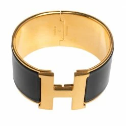 Hermes Hermès Clic Clac H Black Enamel Gold Plated Extra Wide Bracelet PM For Women -Deals Hermes Store luxury women hermes used accessories p474507 004