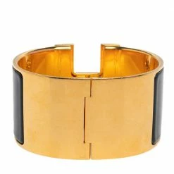 Hermes Hermès Clic Clac H Black Enamel Gold Plated Extra Wide Bracelet PM For Women -Deals Hermes Store luxury women hermes used accessories p474507 008