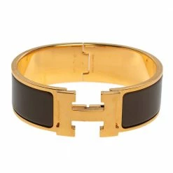 Hermes Hermès Clic Clac H Brown Enamel Gold Plated Wide Bracelet PM For Women