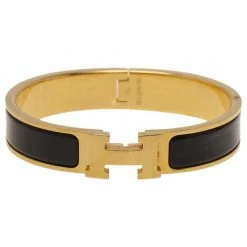 Hermes Clic Clac H Narrow Black Enamel Gold-Plated Bracelet For Women