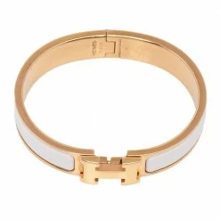 Hermes Hermès Clic H White Enamel Gold Plated Narrow Bracelet PM For Women -Deals Hermes Store luxury women hermes used accessories p479876 001