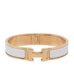 Hermes Hermès Clic H White Enamel Gold Plated Narrow Bracelet PM For Women