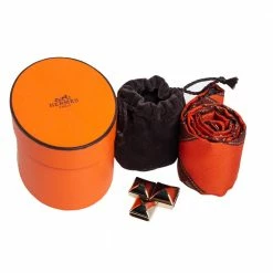 Hermes Orange & Brown Logo Ribbon Bolduc Silk Twilly For Women -Deals Hermes Store luxury women hermes used accessories p480366 001