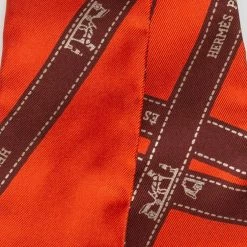 Hermes Orange & Brown Logo Ribbon Bolduc Silk Twilly For Women -Deals Hermes Store luxury women hermes used accessories p480366 007