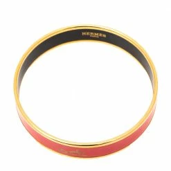 Hermes Hermès Caleche Coral Pink Enamel Gold Plated Bracelet For Women -Deals Hermes Store luxury women hermes used accessories p482354 007