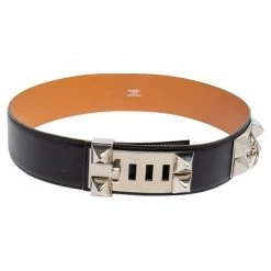 Hermes Noir Box Leather Palladium Plated Collier De Chien Belt 75 CM For Women