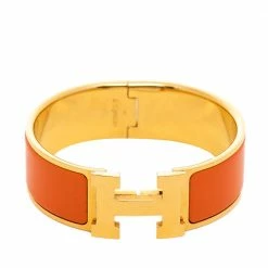 Hermes Hermès Clic Clac H Orange Enamel Gold Plated Wide Bracelet PM For Women