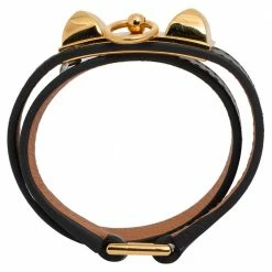 Hermes Black Leather Gold Plated Rivale Double Tour Bracelet XS For Women -Deals Hermes Store luxury women hermes used accessories p485992 001