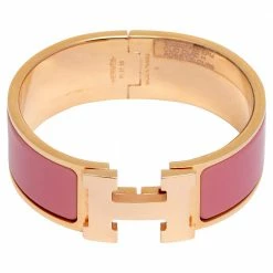 Hermes Hermès Clic Clac H Rose Velours Enamel Gold Plated Wide Bracelet PM For Women -Deals Hermes Store luxury women hermes used accessories p488317 001