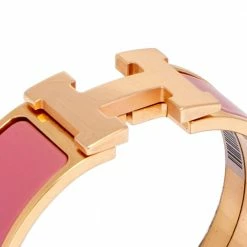 Hermes Hermès Clic Clac H Rose Velours Enamel Gold Plated Wide Bracelet PM For Women -Deals Hermes Store luxury women hermes used accessories p488317 006