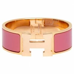 Hermes Hermès Clic Clac H Rose Velours Enamel Gold Plated Wide Bracelet PM For Women