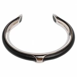 Hermes Hermès Black Leather Palladium Plated Kyoto Cuff Bracelet For Women -Deals Hermes Store luxury women hermes used accessories p488387 002