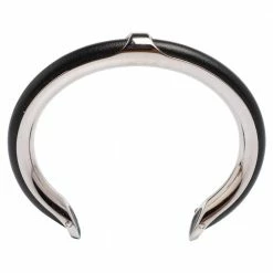 Hermes Hermès Black Leather Palladium Plated Kyoto Cuff Bracelet For Women -Deals Hermes Store luxury women hermes used accessories p488387 006