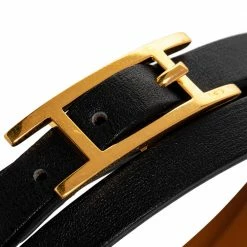 Hermes Hapi 3 Black Leather Gold Plated Wrap Bracelet M For Women -Deals Hermes Store luxury women hermes used accessories p488707 004