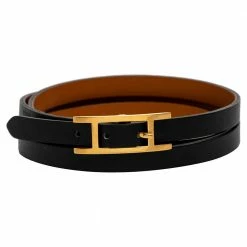Hermes Hapi 3 Black Leather Gold Plated Wrap Bracelet M For Women