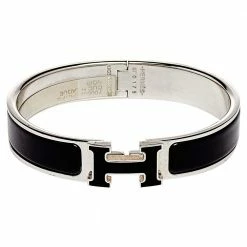 Hermes Clic H Black Enamel Palladium Plated Narrow Bracelet PM For Women