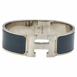Hermes Hermès Clic Clac H Grey Enamel Palladium Plated Wide Bracelet PM For Women