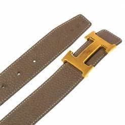 Hermes Etain/Black Clemence And Swift Leather H Buckle Belt 85CM For Women -Deals Hermes Store luxury women hermes used accessories p494569 002