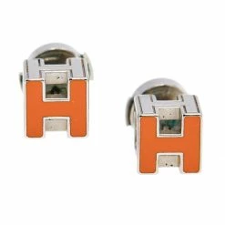 Hermes Hermès Palladium Plated Orange Enamel Cage D'H Stud Earrings For Women -Deals Hermes Store luxury women hermes used accessories p496004 001