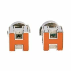 Hermes Hermès Palladium Plated Orange Enamel Cage D'H Stud Earrings For Women
