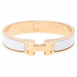 Hermes Hermès Clic H White Enamel Rose Gold Plated Narrow Bracelet PM For Women