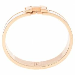 Hermes Hermès Clic H White Enamel Rose Gold Plated Narrow Bracelet PM For Women -Deals Hermes Store luxury women hermes used accessories p496584 003