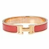 Hermes Hermès Clic H Rouge Corail Enamel Rose Gold Plated Narrow Bracelet GM For Women