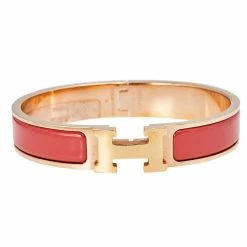 Hermes Hermès Clic H Rouge Corail Enamel Rose Gold Plated Narrow Bracelet GM For Women