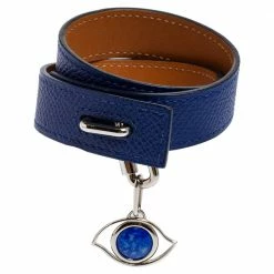 Hermes Blue Epsom Leather Double Tour Curiosite Bracelet And Lapis Lazuli Eye Charm Set For Women