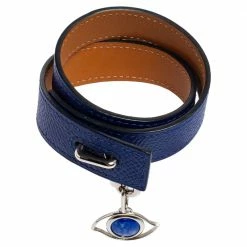 Hermes Blue Epsom Leather Double Tour Curiosite Bracelet And Lapis Lazuli Eye Charm Set For Women -Deals Hermes Store luxury women hermes used accessories p506233 009